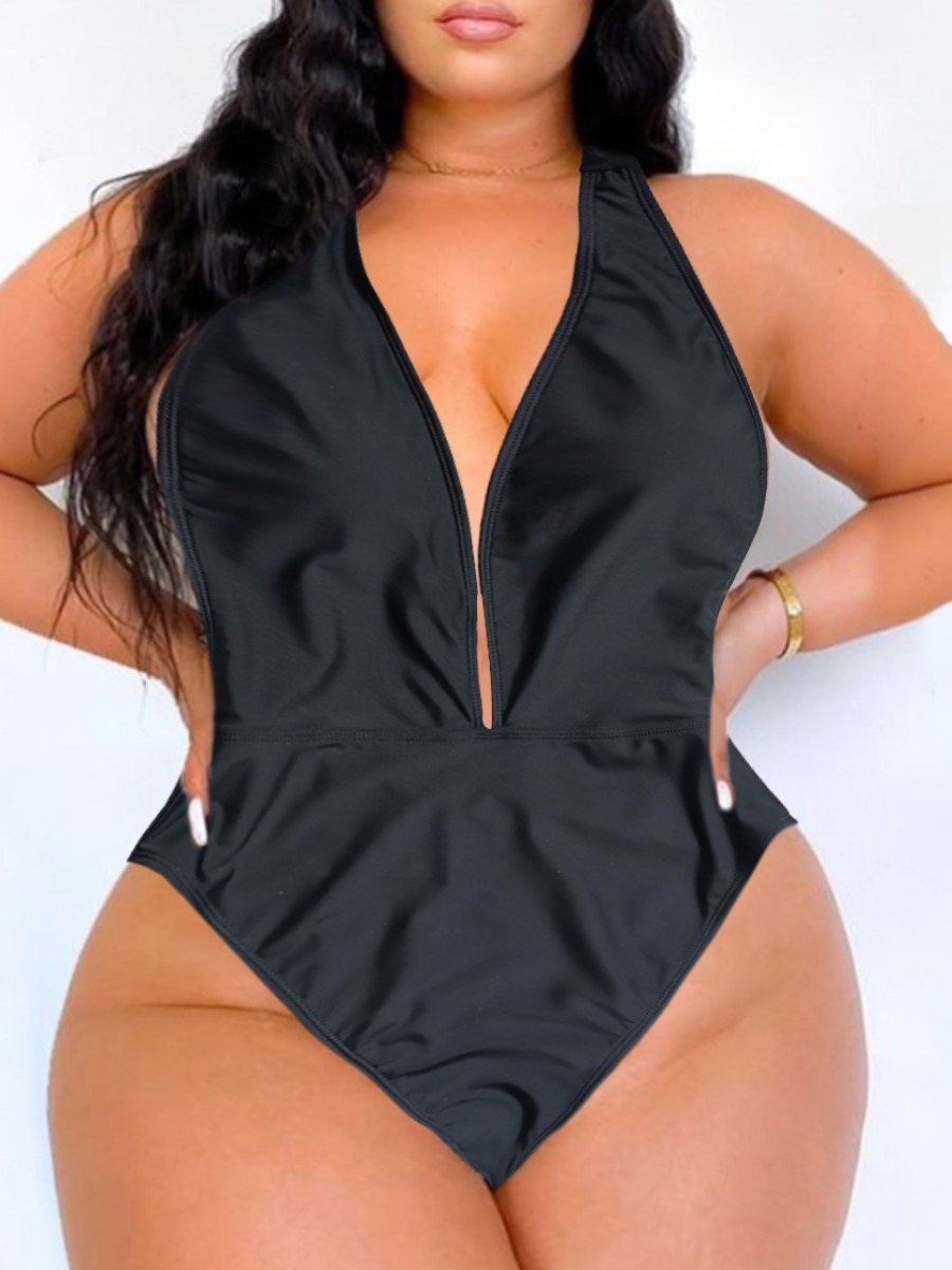 

Lovely Sweet V Neck Backless Pitch-black Plus Size One-piece Swimsuit, Carbon black