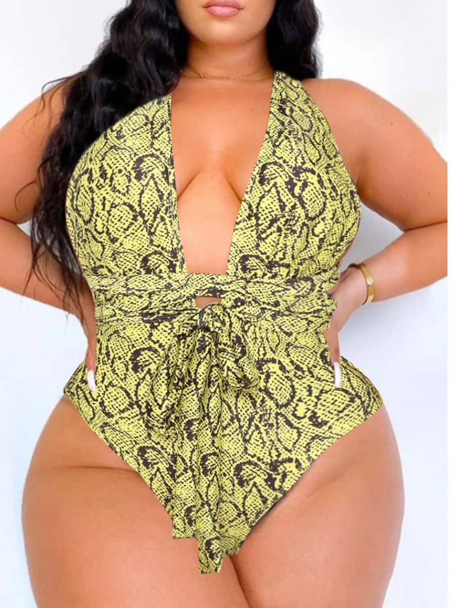 LW Plus Size Sweet V Neck Cobra Print Backless Yellow One-piece Swimsuit