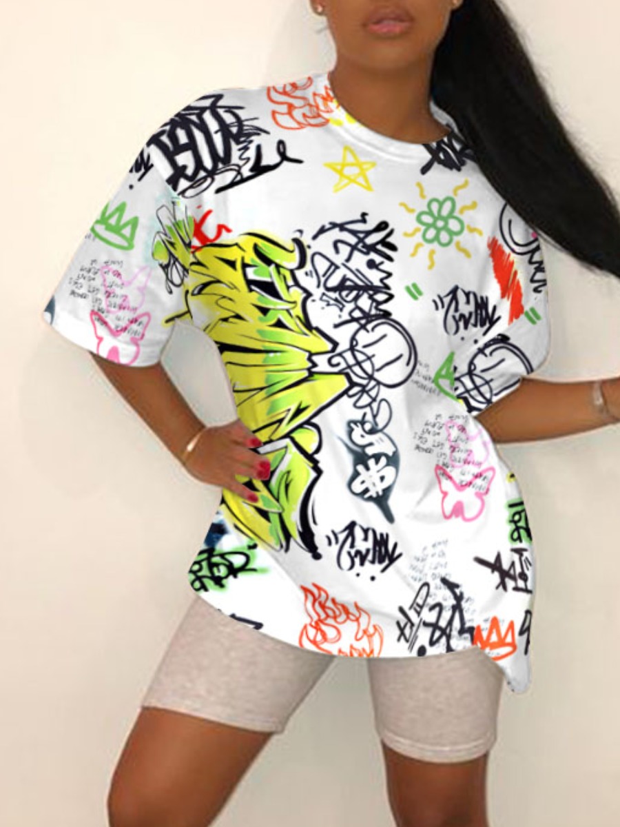 

Lovely Street Dropped Shoulder Graffiti Print White T-shirt