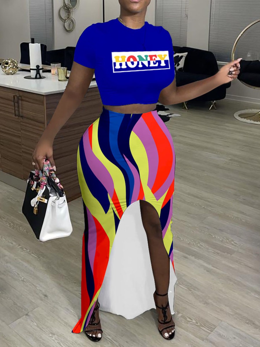 Lovely Casual O Neck Letter Graffiti Print Multicolor Two Piece Skirt Set