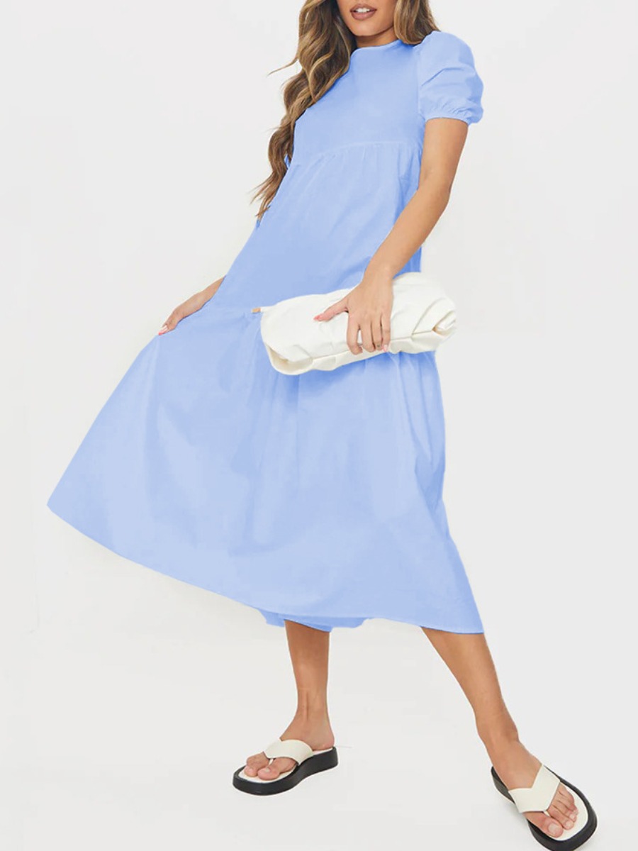 

Lovely Casual O Neck Ruffle Design Baby Blue Mid Calf A Line Dress