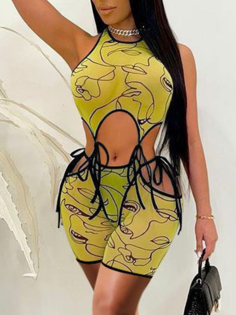 

Lovely Sexy Print Bandage Hollow-out Design Yellow Two Piece Shorts Set