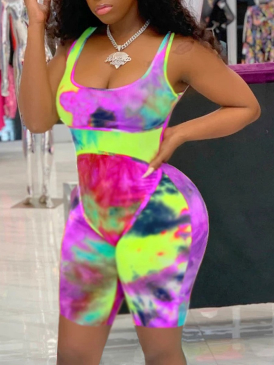 

LW BASICS Sporty U Neck Tie-dye Purple One-piece Romper