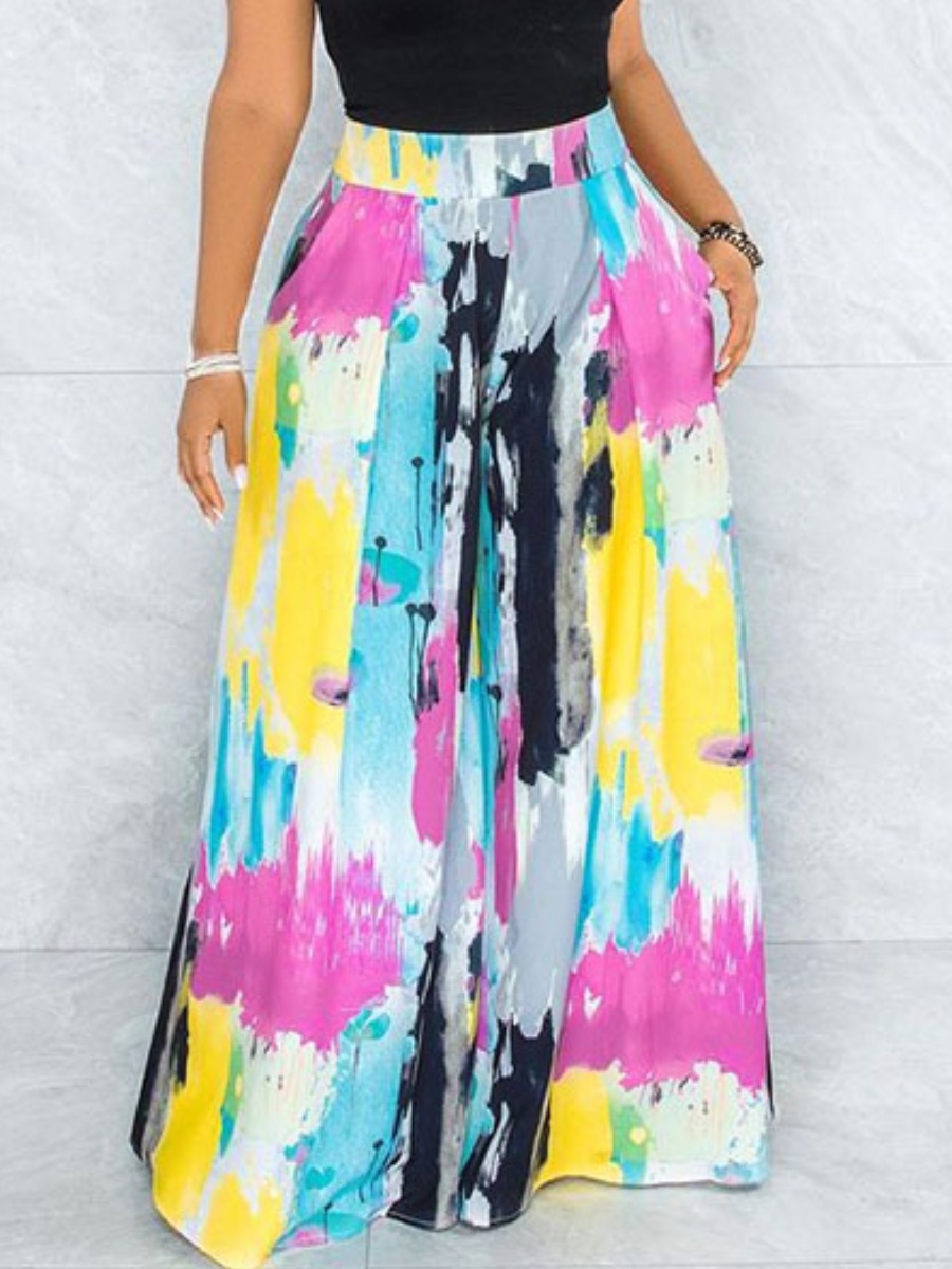 

Lovely Sweet Print Patchwork Loose Multicolor Pants, Multi