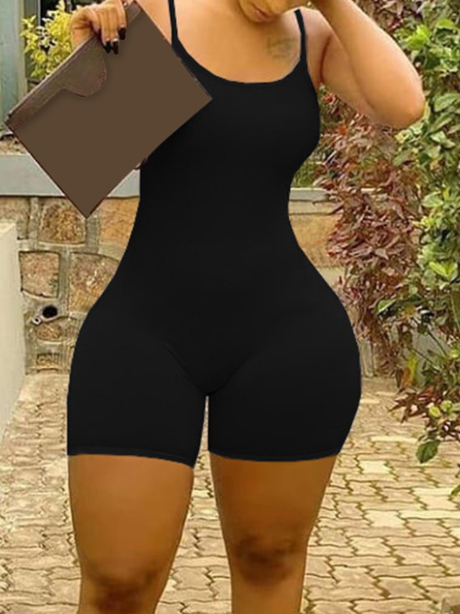 LW BASICS Casual U Neck Skinny Black Romper