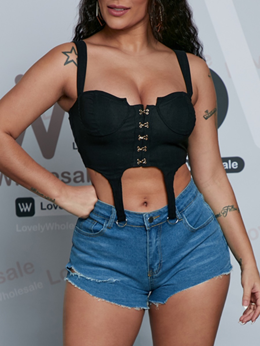 

Lovely Sexy Metal Ring Decoration Asymmetrical Black Camisole