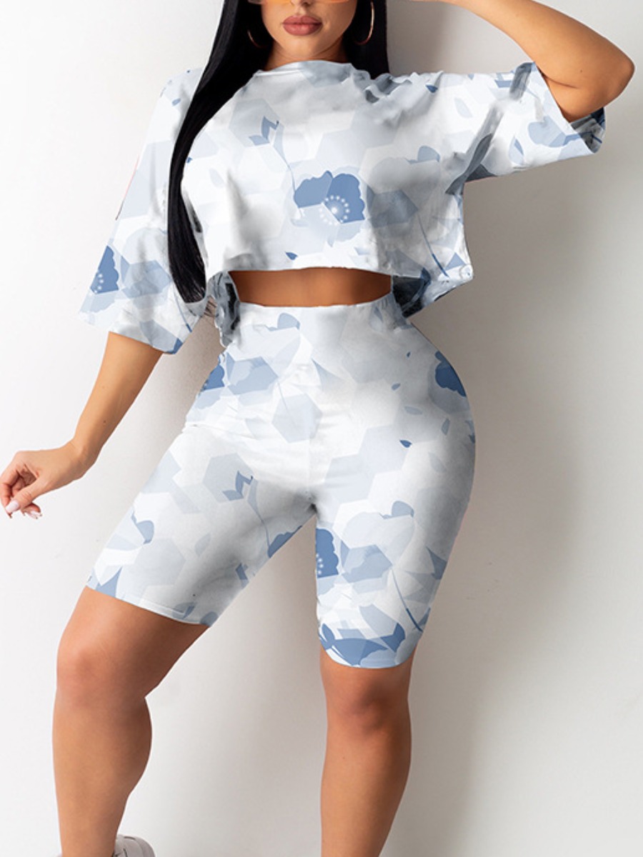 

Lovely Casual O Neck Print Patchwork White Two Piece Shorts Set