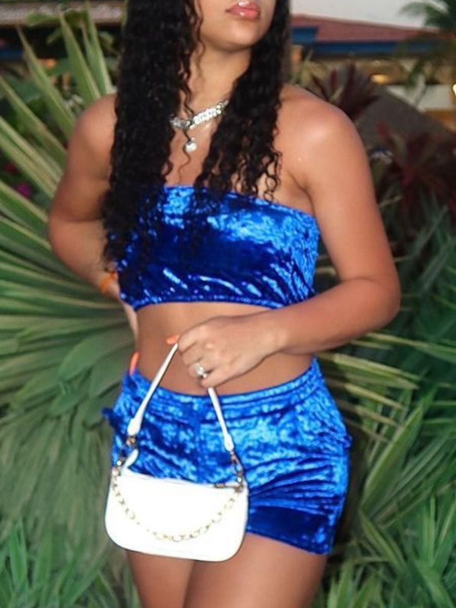 

Lovely Street Off The Shoulder Skinny Blue Two Piece Shorts Set