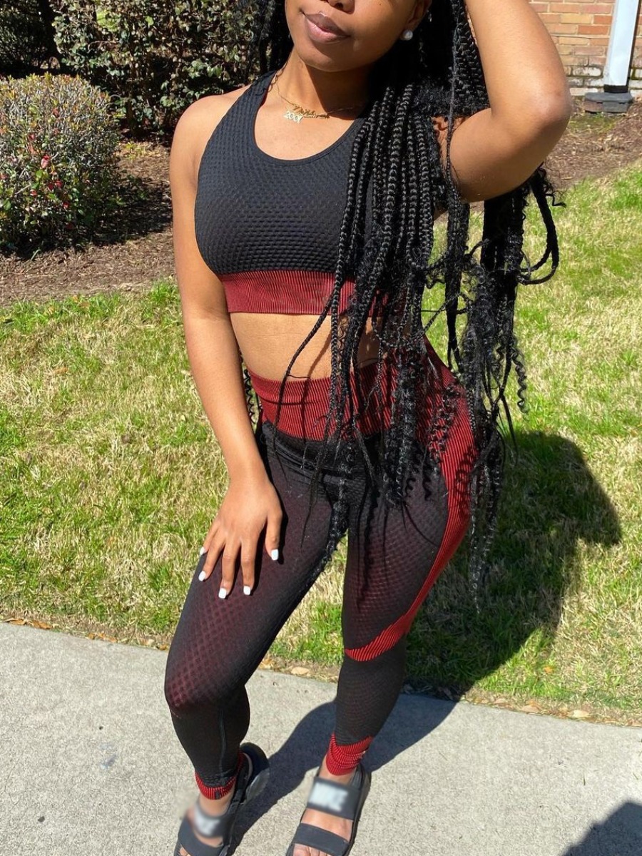 

Lovely Sporty U Neck Color-lump Patchwork Black Two Piece Pants Set
