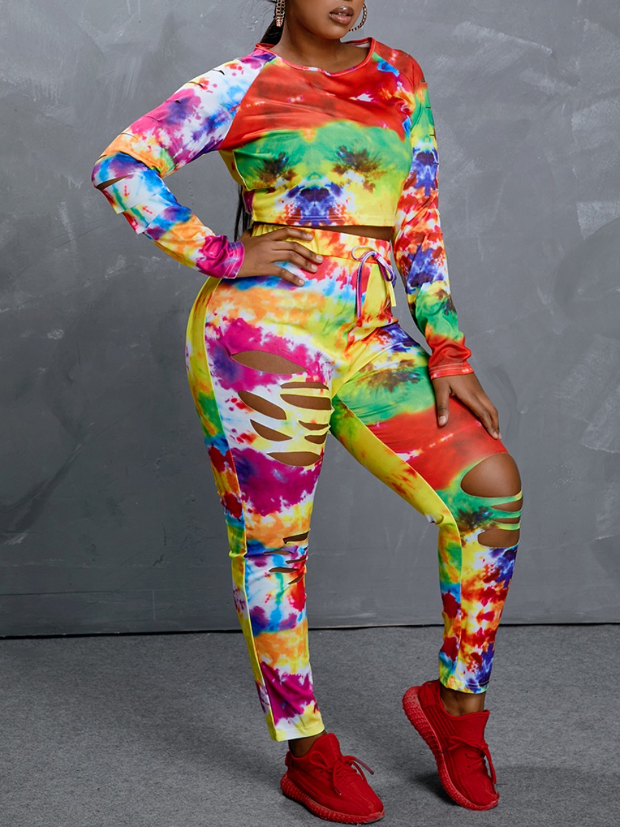 

Lovely Plus Size Street Tie-dye Ripped Yellow Two-piece Pants Set