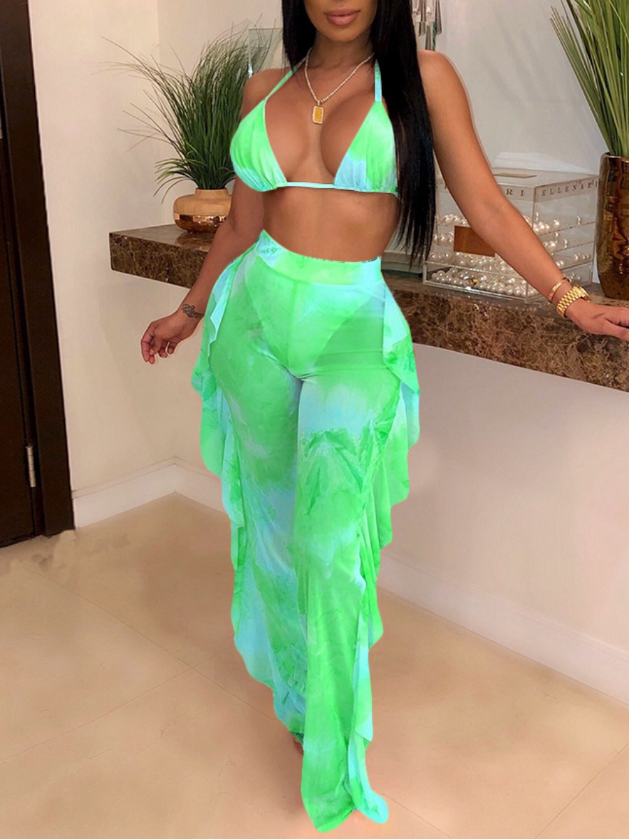 

Lovely Boho Tie-dye Flounce Design Green Cover-up