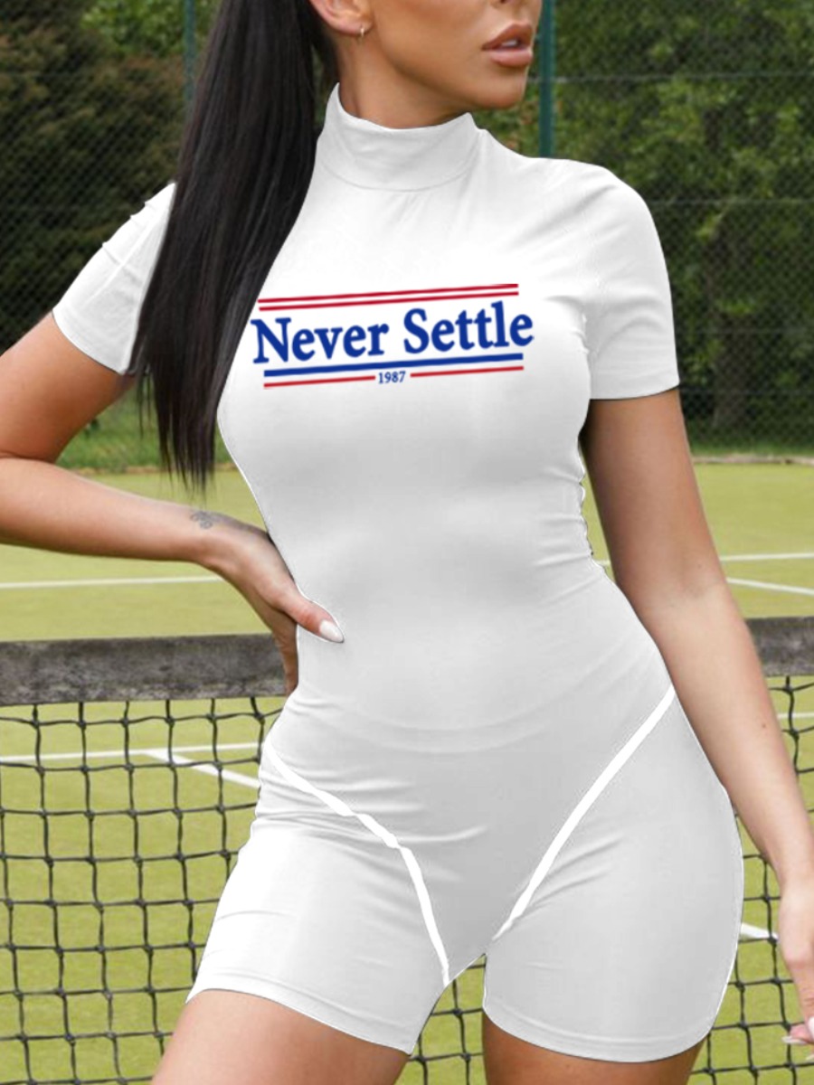 

LW Sporty Half A Turtleneck Letter Print White One-piece Romper