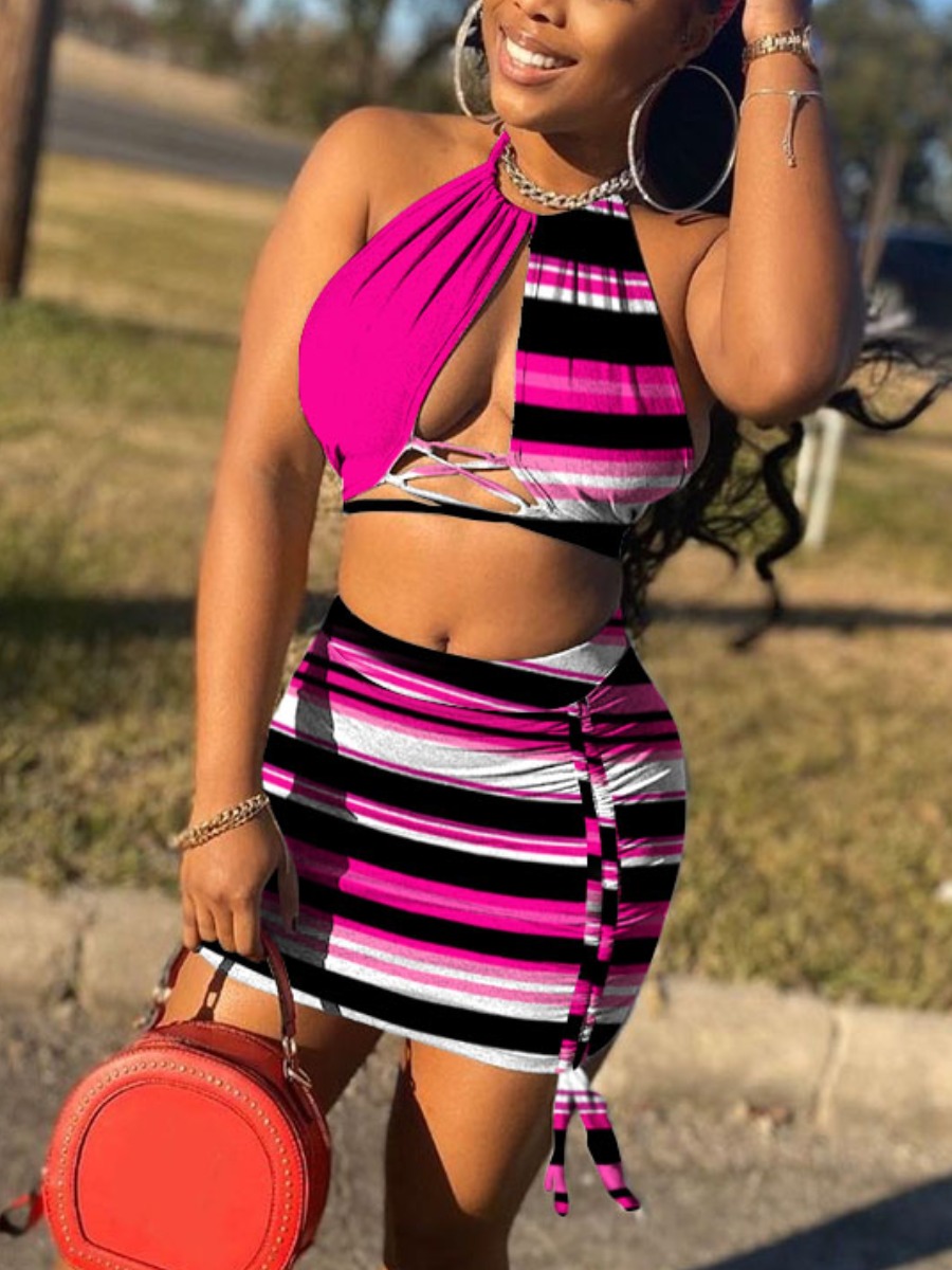 

Lovely Sexy Bandage Hollow-out Design Striped Purple Two Piece Skirt Set, Purple stripes