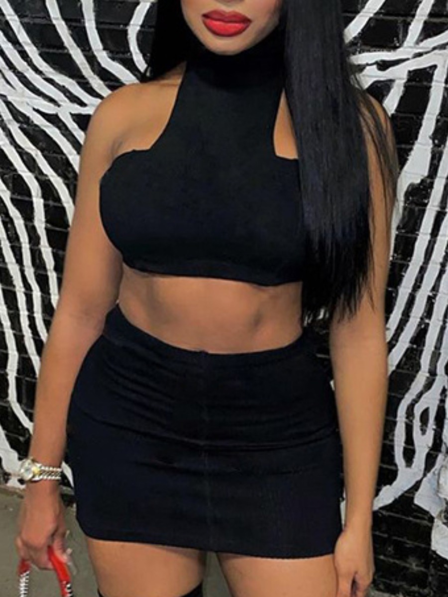 

Lovely Street Turtleneck Crop Top Black Two Piece Skirt Set