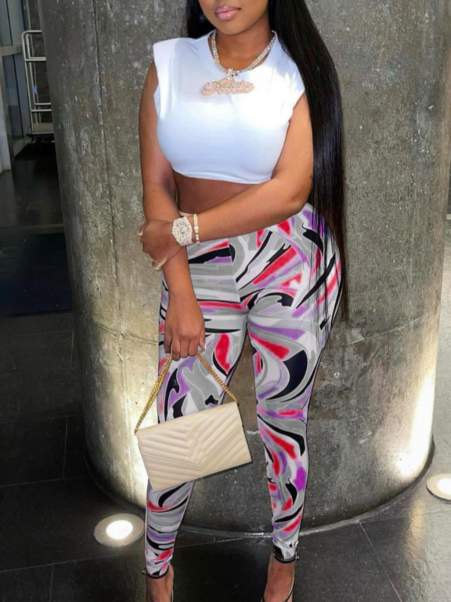 

Lovely Sweet O Neck Print Patchwork Rose Red Two Piece Pants Set