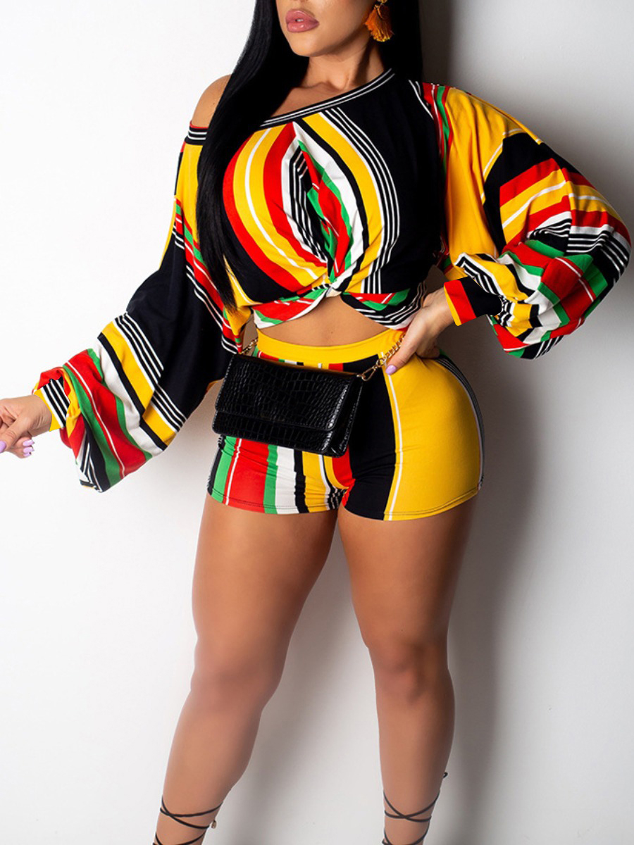

LW Casual Dropped Shoulder Striped Yellow Two Piece Shorts Set