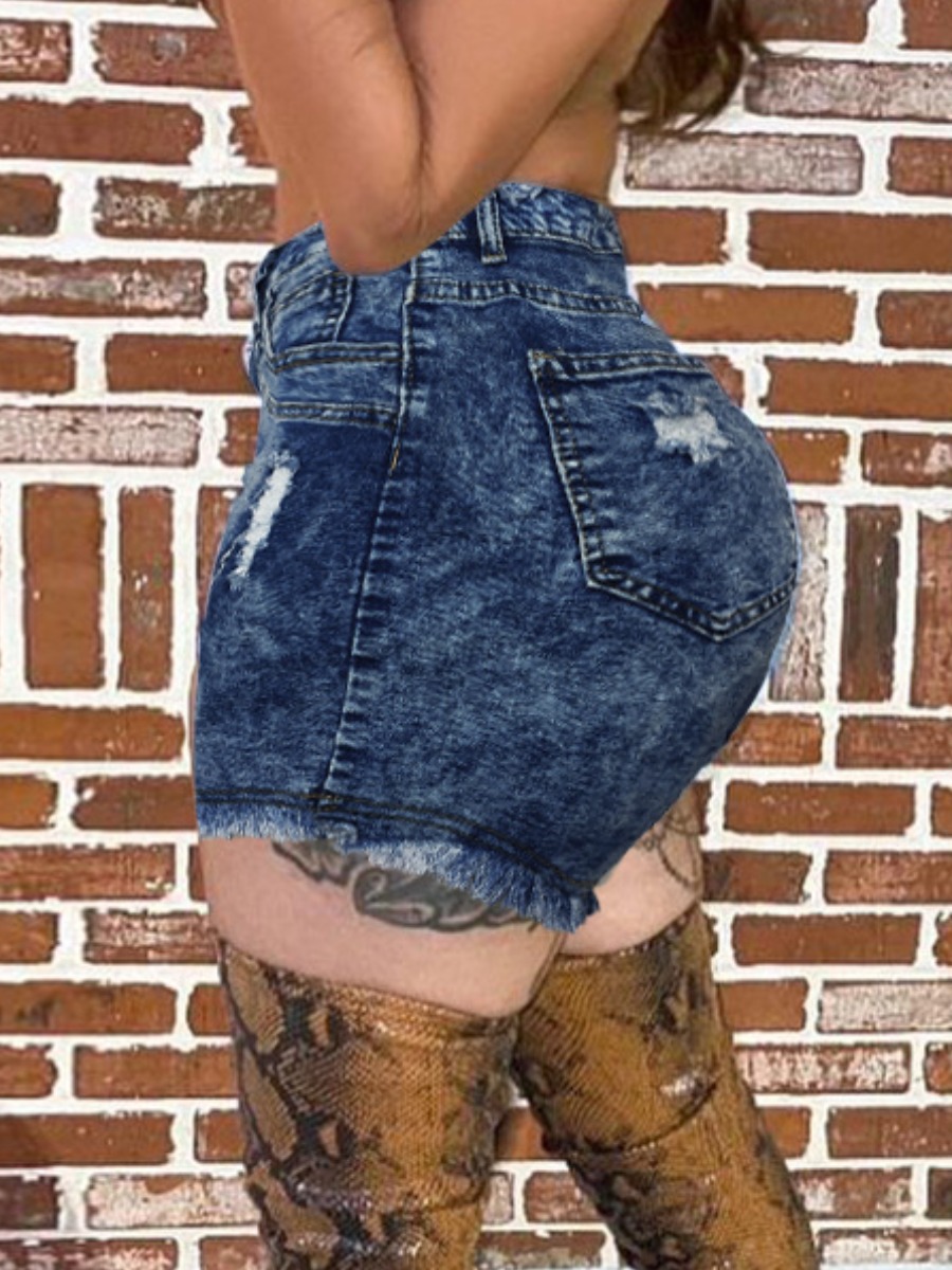 

Lovely Street High-waisted Raw Edge Deep Blue Plus Size Denim Shorts