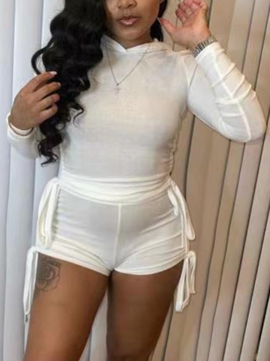 

Lovely Casual Hooded Collar Drawstring White Plus Size Two-piece Shorts Set