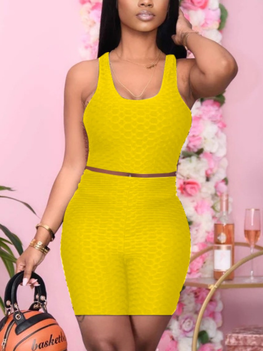 

Lovely Sporty U Neck Backless Yellow Two Piece Shorts Set