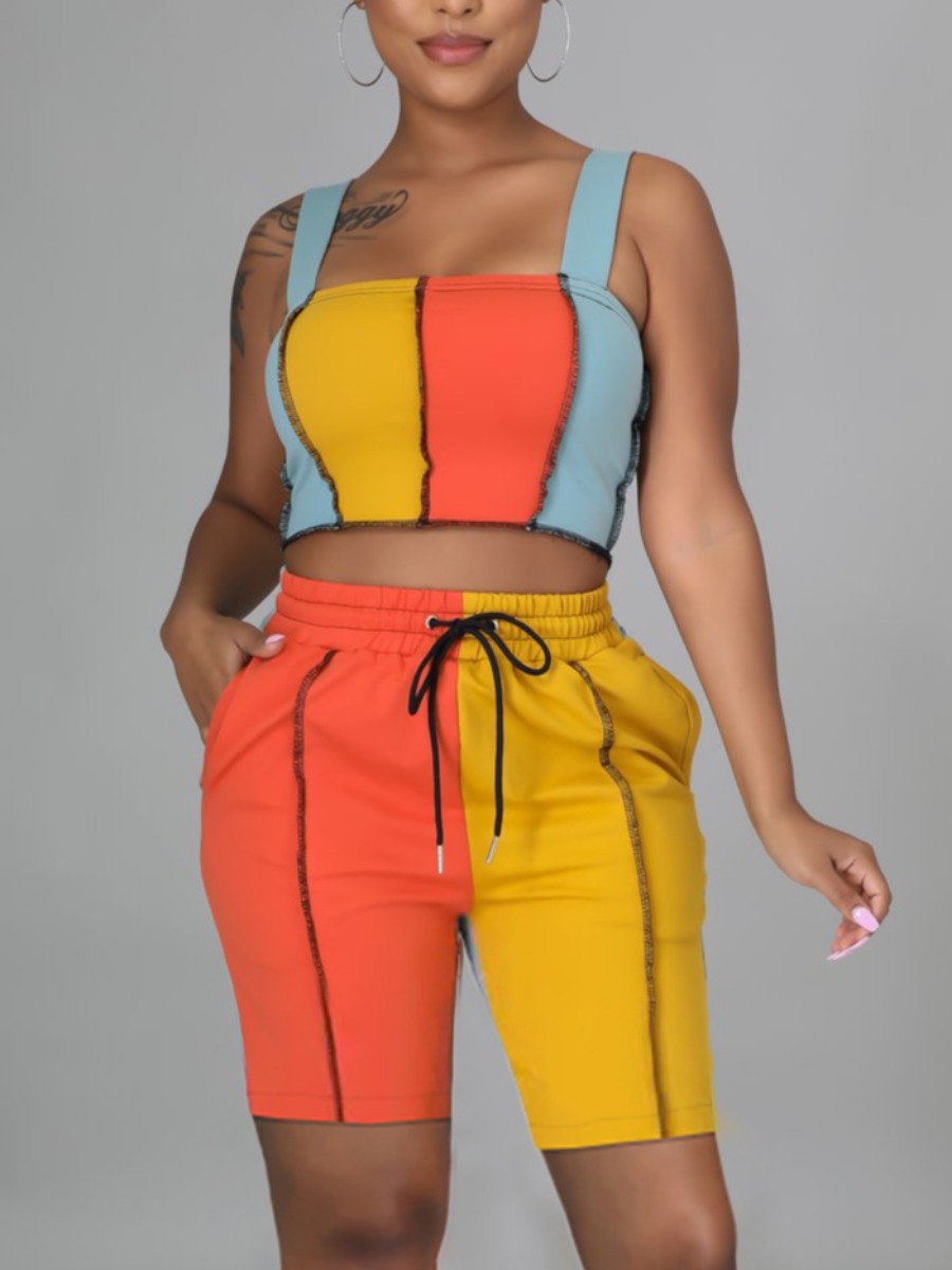

Lovely Casual Square Neck Color-lump Drawstring Croci Two Piece Shorts Set