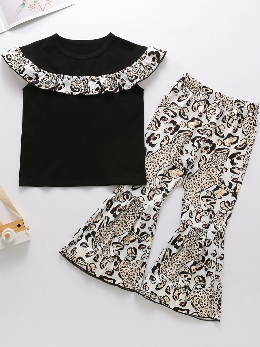 

Lovely Girl Sweet Leopard Print Flared Flounce Design Black Two Piece Pants Set