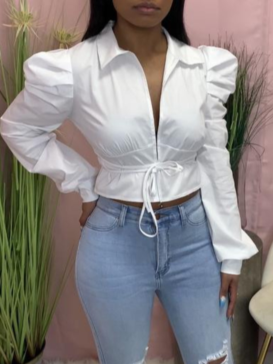 

Lovely Casual Ruffle Bandage Design White Blouse