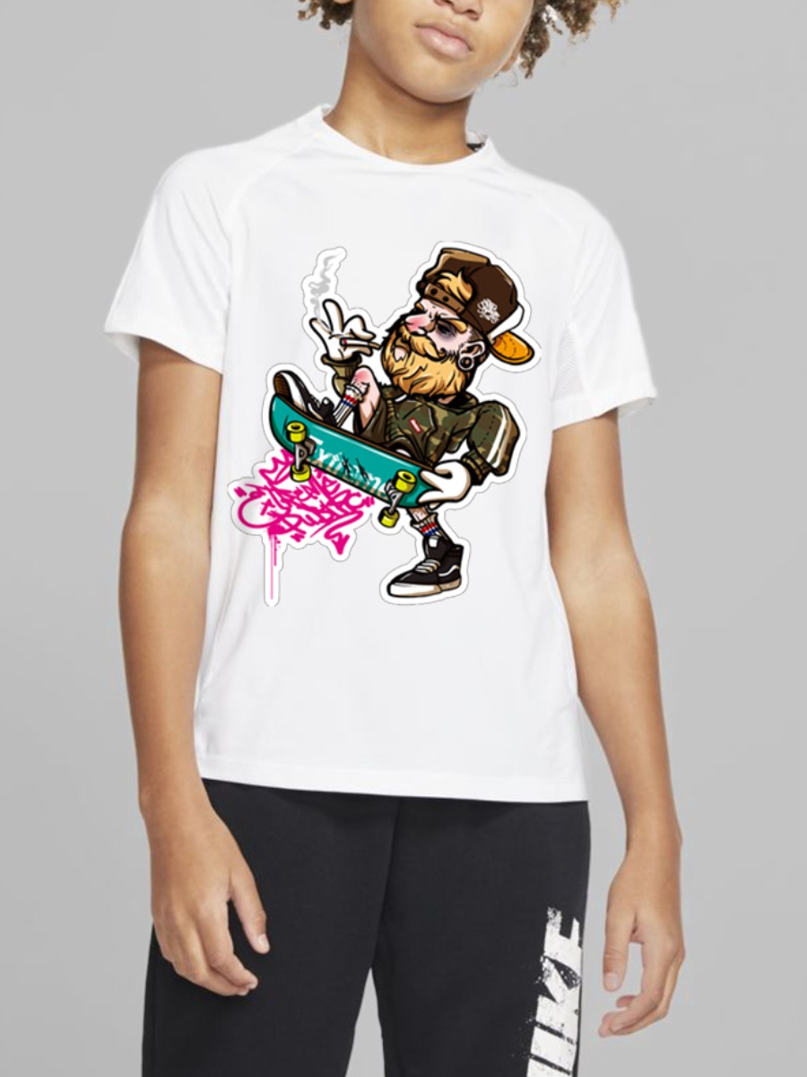 

Lovely Boy Street O Neck Cartoon Print White T-shirt