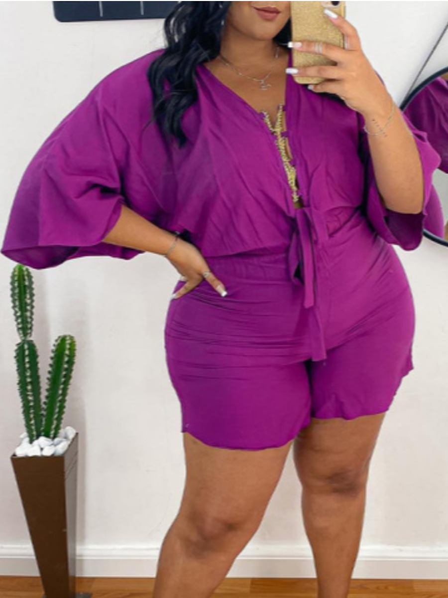 

LW Plus Size Dropped Shoulder Chain Decor Shorts Set, Purple