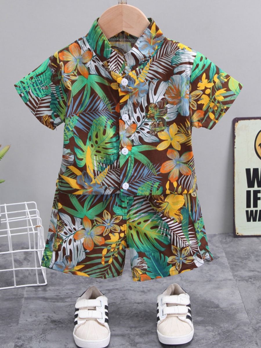 

Lovely Boy Boho Floral Print Patchwork Green Two Piece Shorts Set