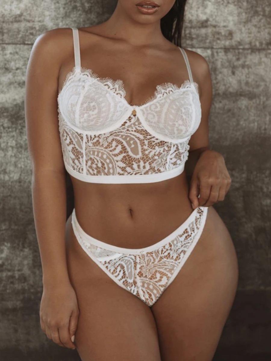 

Lovely Sexy See-through Floral Decoration White Bra Set