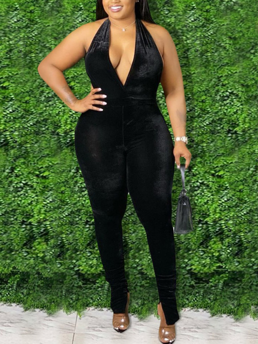 

Lovely Sexy V Neck Backless Black One-piece Jumpsuit