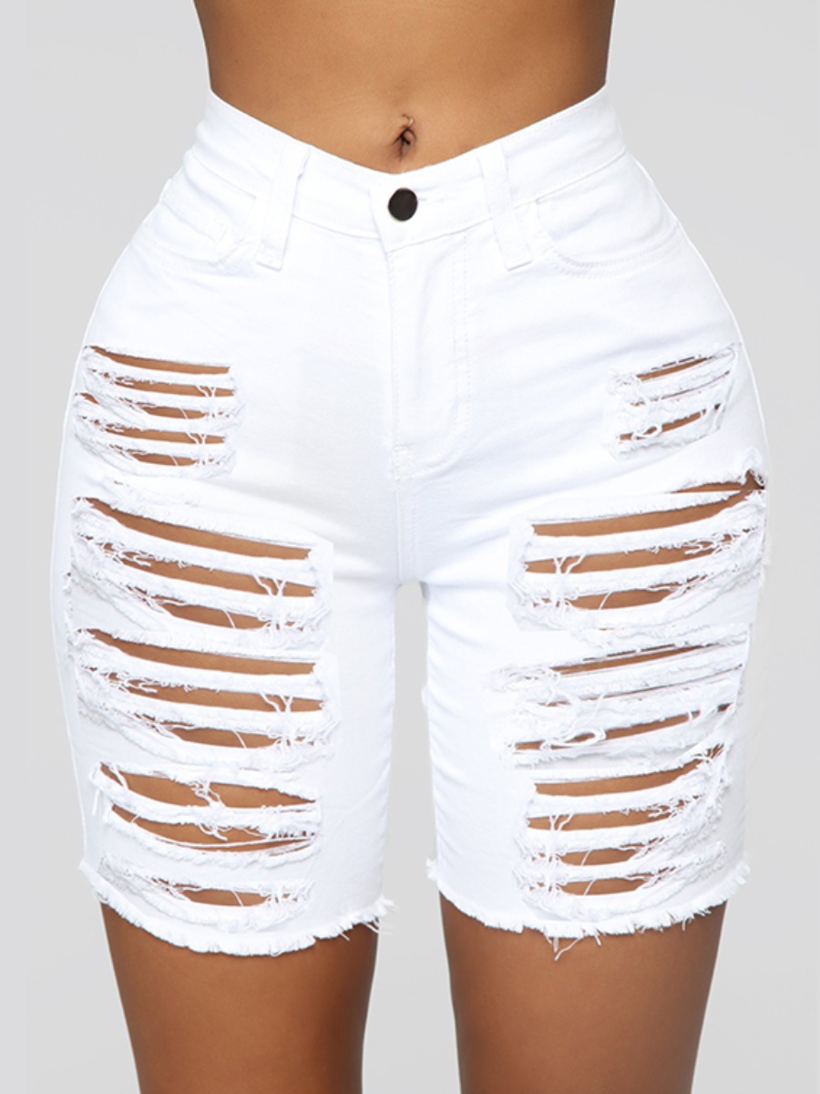LovelyWholesale Street High-waisted High Stretchy Ripped White Denim Shorts Summer Street Ripped Spring Summer 2024