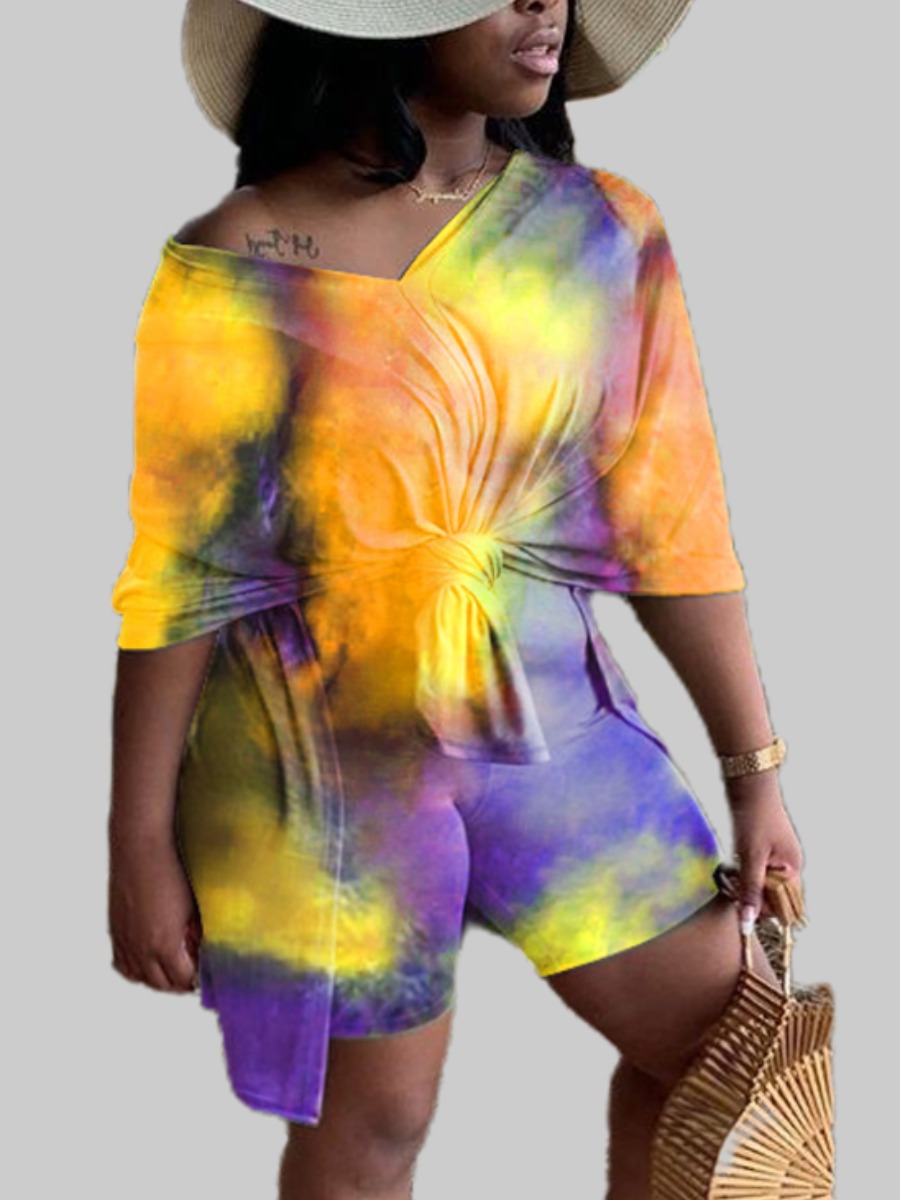 

Lovely Plus Size Street V Neck Tie-dye Yellow Two-piece Shorts Set