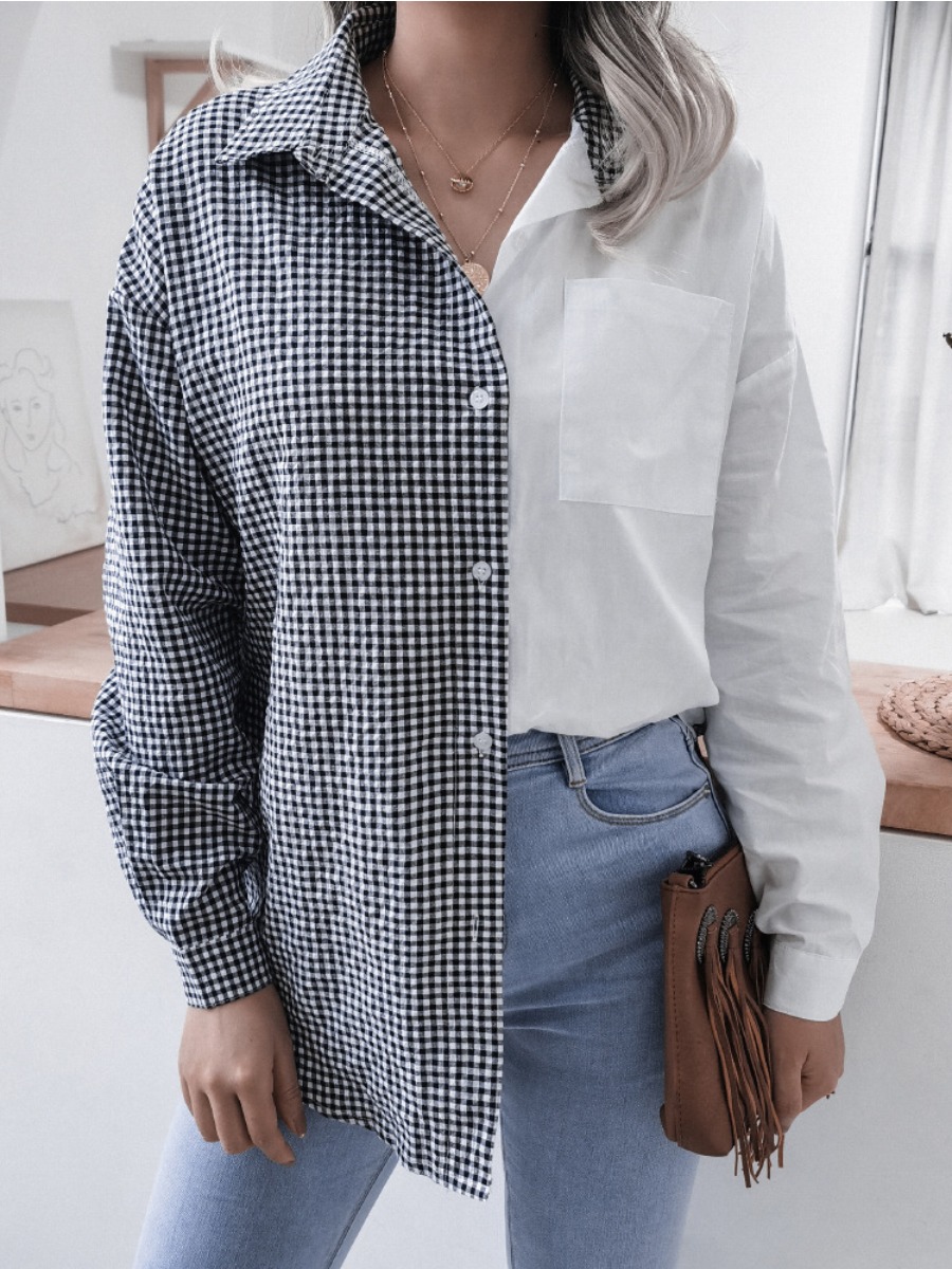 

Lovely Street Turndown Collar Plaid Print White Blouse