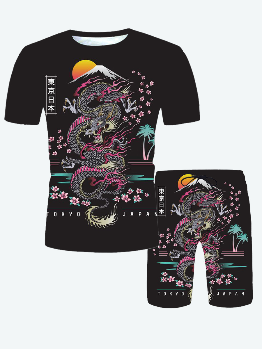 

Lovely Men Street Dragon Letter Print Black Two Piece Shorts Set
