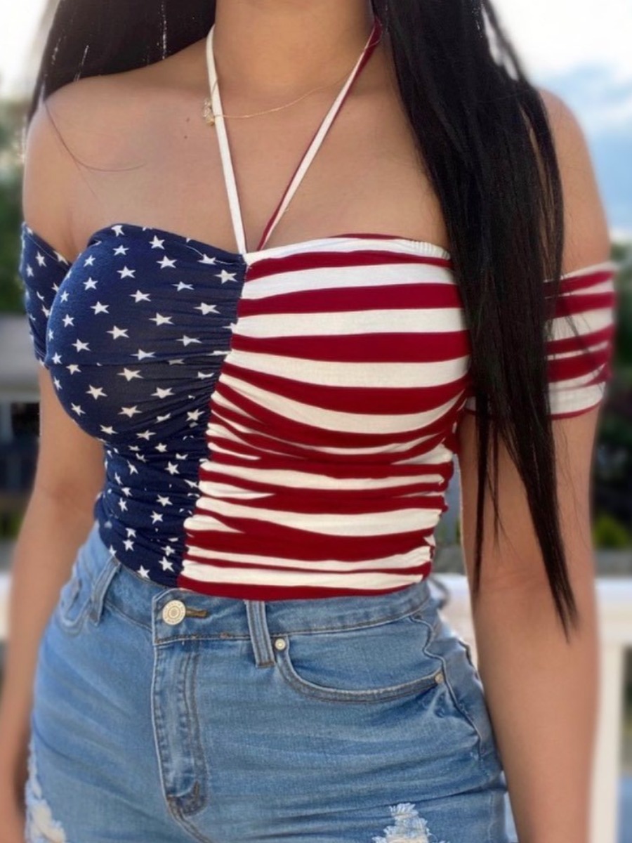 

Lovely Street Star Print Striped Blue Camisole