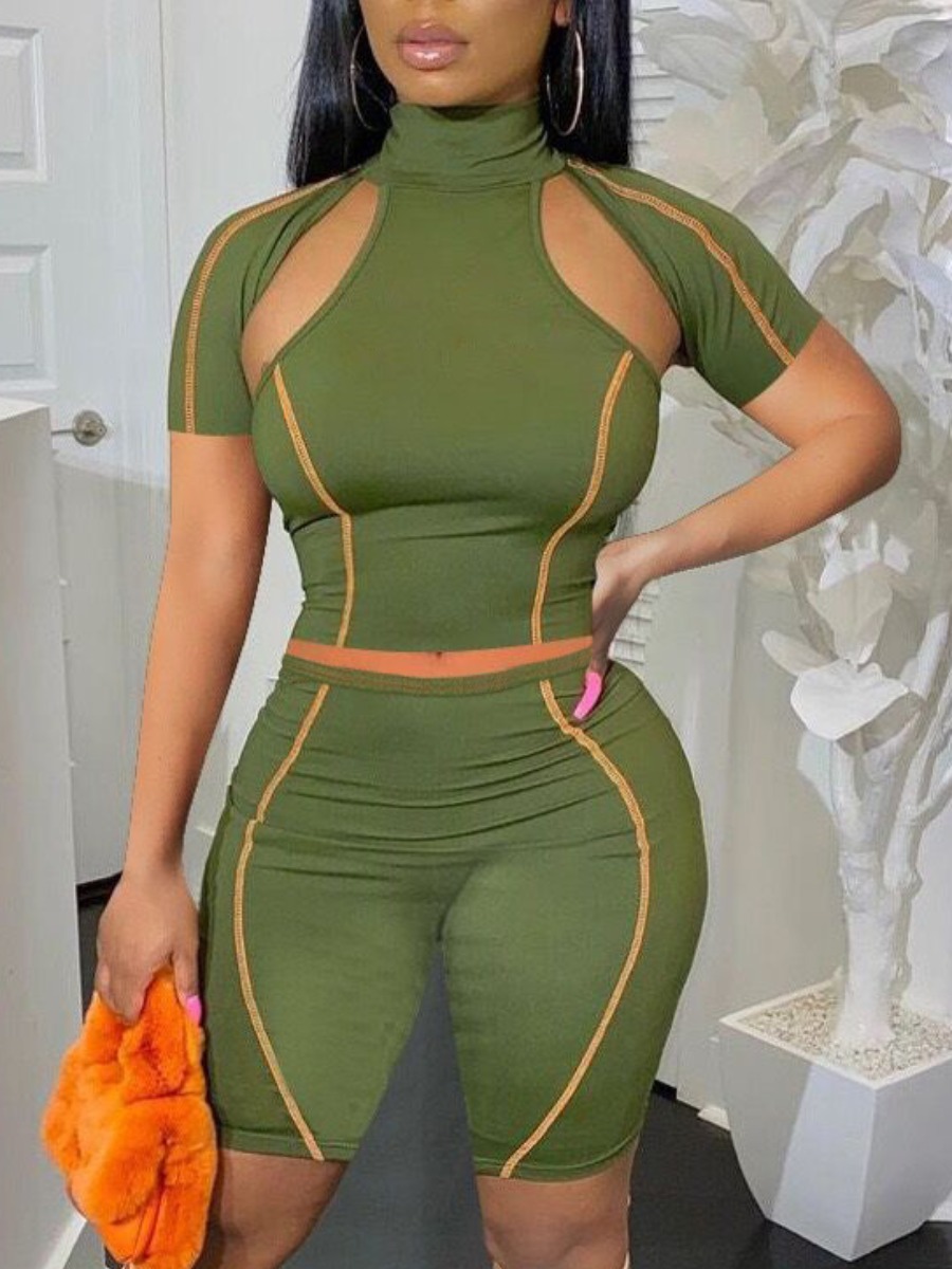 

Lovely Sporty Striped Hollow-out Army Green Two Piece Shorts Set
