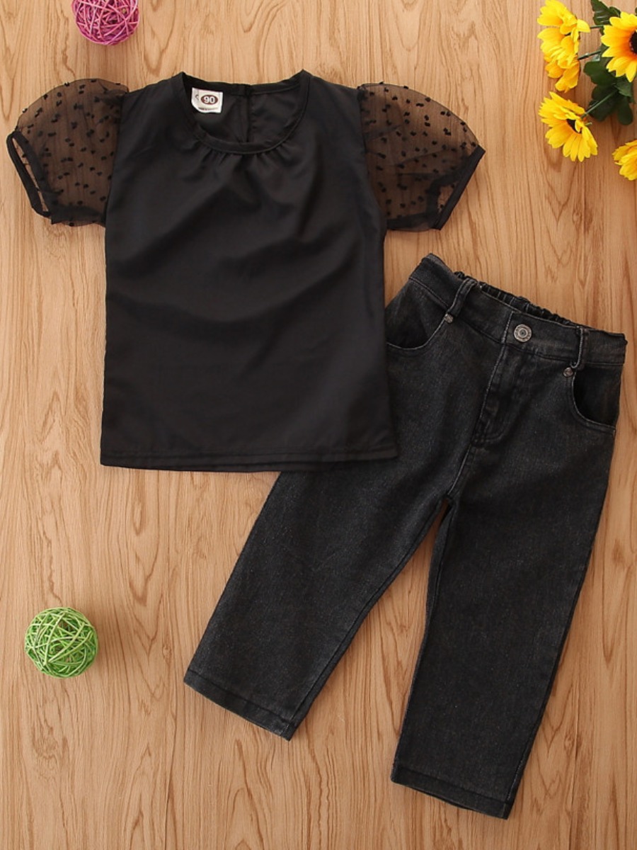 

Lovely Girl Casual See-through Ruffle Design Black Two Piece Pants Set