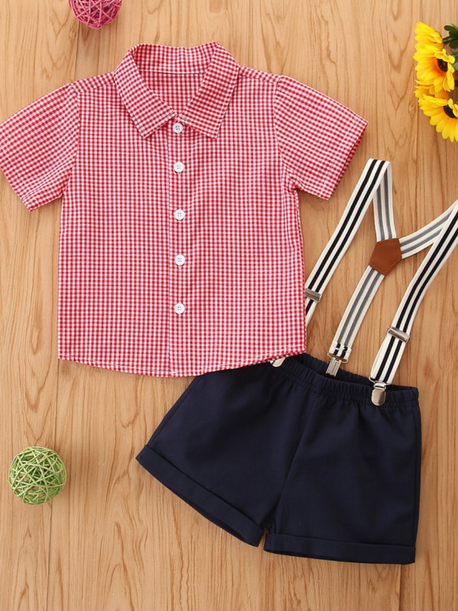 

Lovely Boy Casual Plaid Print Suspender Red Two Piece Shorts Set