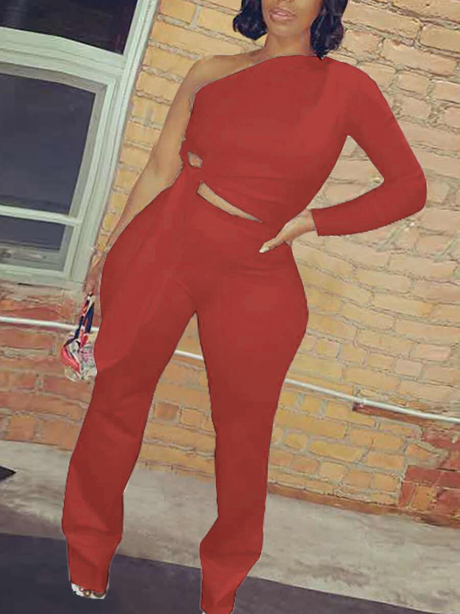 

LW Trendy One Shoulder Knot Design Red Two Piece Pants Set
