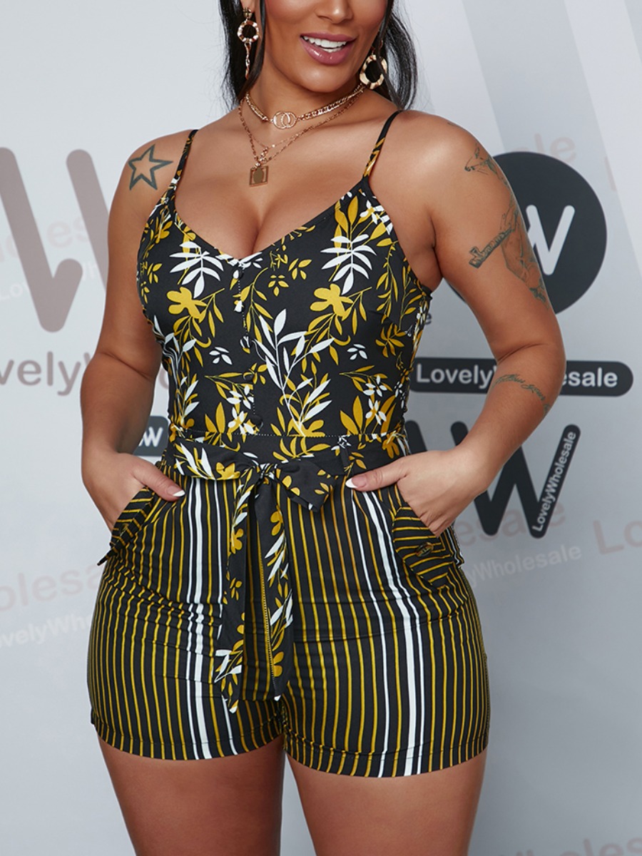 

Lovely Sweet Floral Print Striped Black One-piece Romper