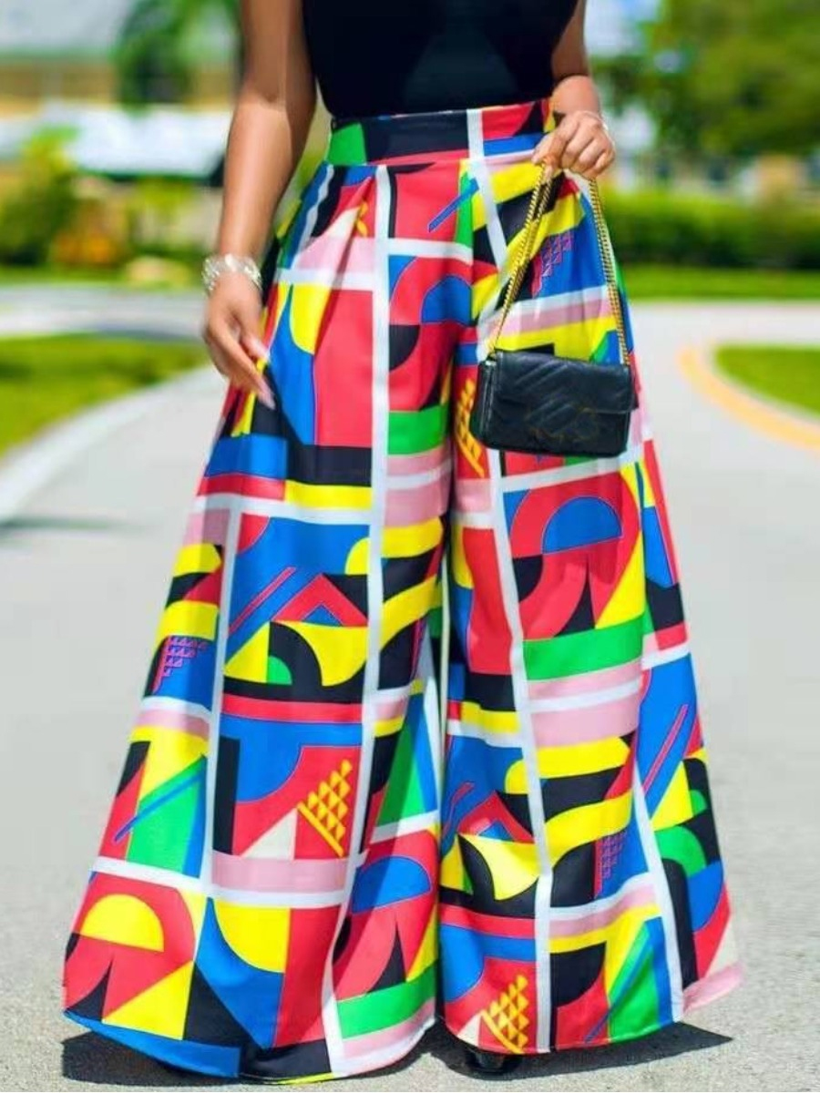 

Lovely Street Mid Waist Geometric Print Multicolor Pants, Multi