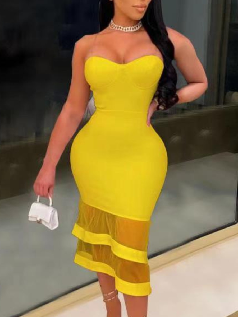 

Lovely Sexy Off The Shoulder See-through Yellow Mid Calf Dress
