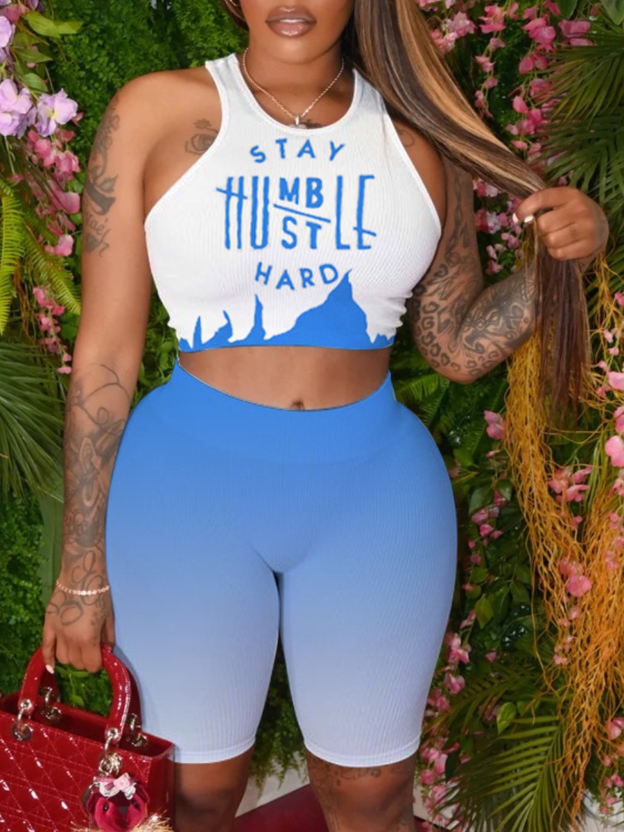 

Lovely Sporty Letter Print Gradient Blue Plus Size Two-piece Shorts Set