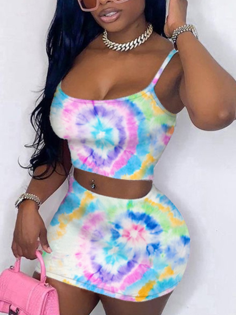 

Lovely Sweet U Neck Tie Dye Multicolor Two Piece Skirt Set, Multi
