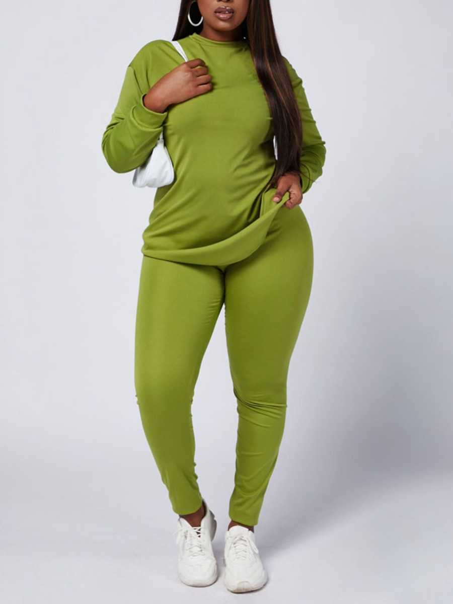 

Lovely Casual O Neck Elastic Green Plus Size Two-piece Pants Set