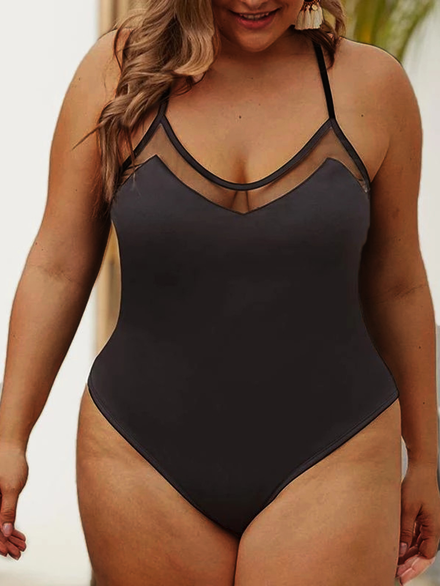 

Lovely Plus Size Sweet Cross Strap See-through Patchwork Black One-piece Swimsuit