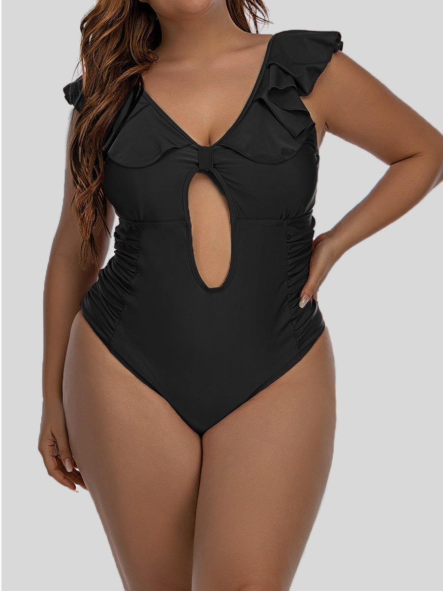 

Lovely Boho Flounce Bandage Hollow-out Design Black Plus Size One-piece Swimsuit