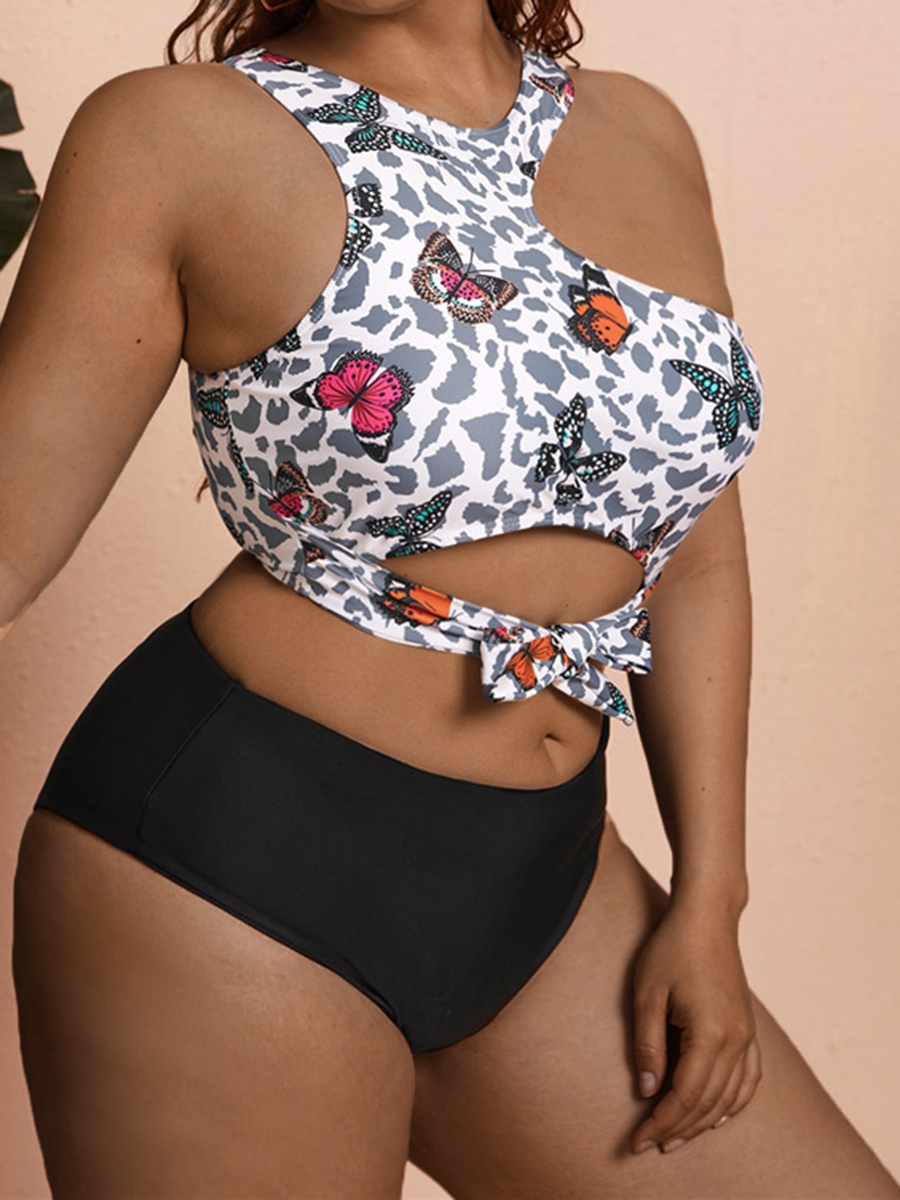 

Lovely Casual Butterfly Print Bandage Hollow-out Design Grey Plus Size Tankini