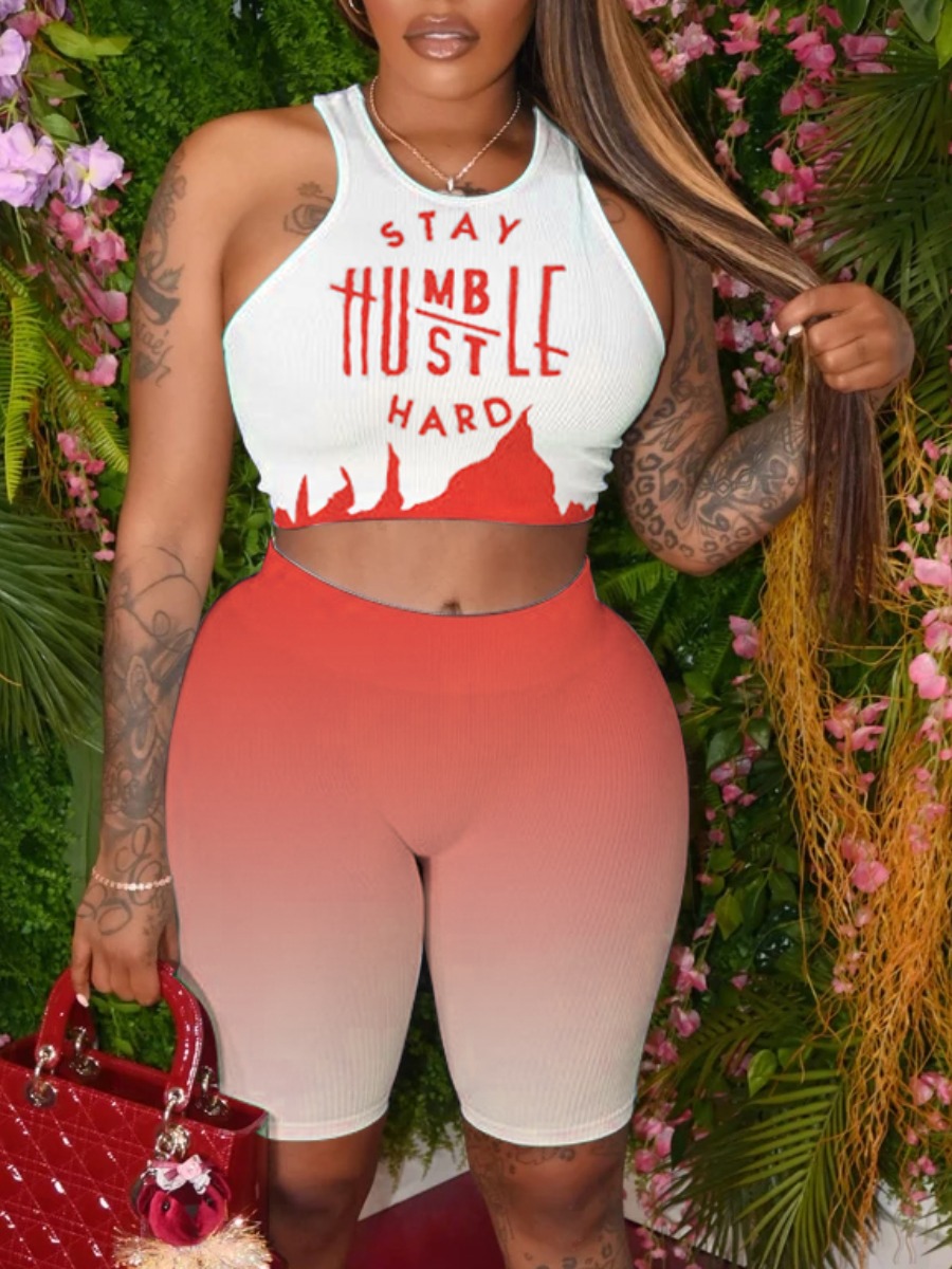 

Lovely Sporty Letter Print Gradient Red Plus Size Two-piece Shorts Set